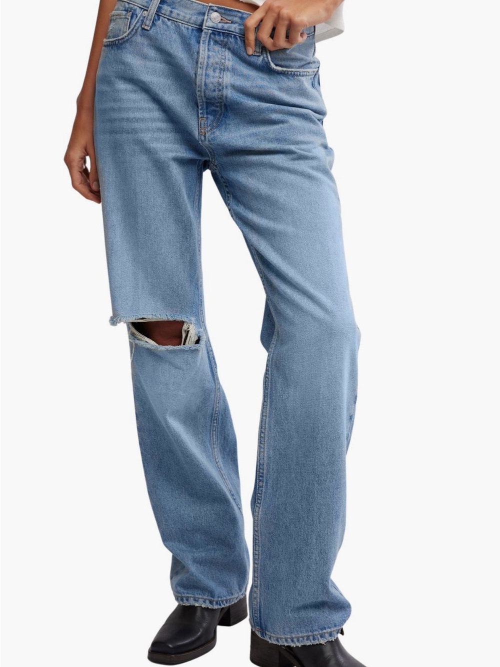 Free People Light Blue Bootcut Jeans with Knee Rip